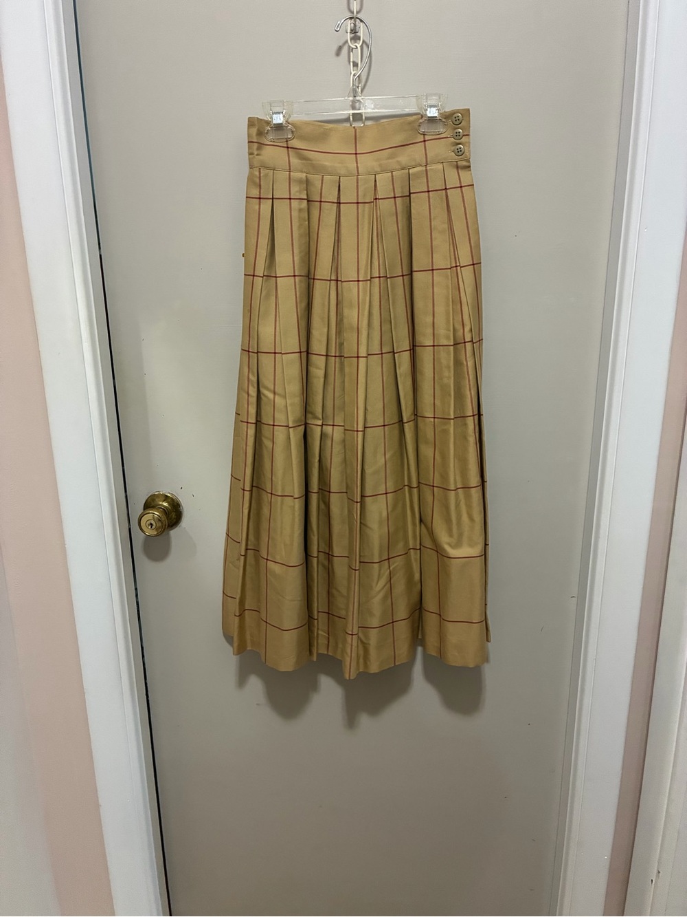 vintage Perry Ellis pleated midi skirt features classic windowpane plaid design